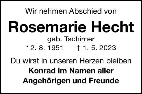 Traueranzeige von Rosemarie Hecht von Fürther Nachrichten Lokal