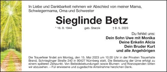 Traueranzeige von Sieglinde Betz von Gesamtausgabe Nürnberger Nachrichten/ Nürnberger Ztg.