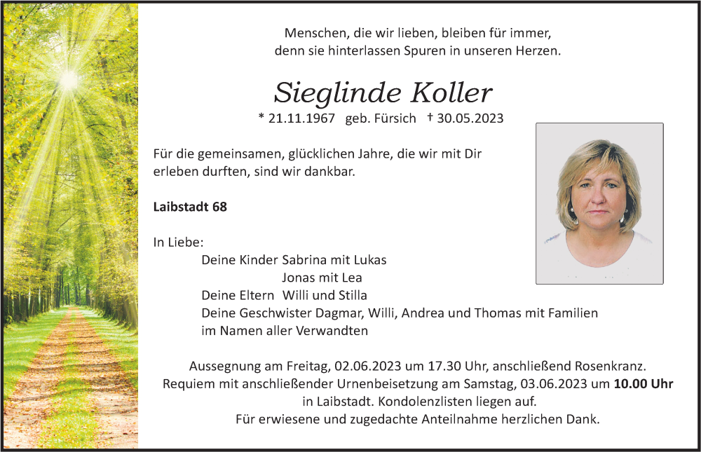  Traueranzeige für Sieglinde Koller vom 01.06.2023 aus Roth-Hilpoltsteiner Volkszeitung Lokal