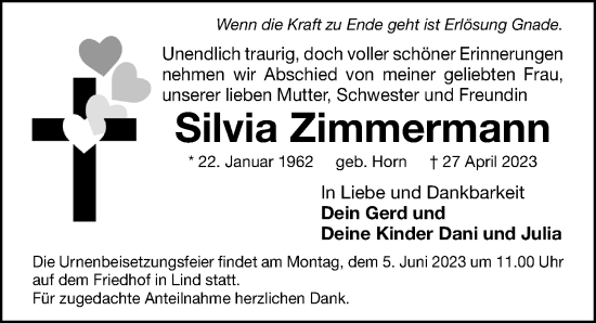 Traueranzeige von Silvia Zimmermann von Fürther Nachrichten Lokal