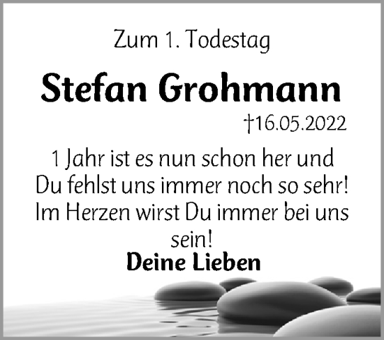 Traueranzeige von Stefan Grohmann von Gesamtausgabe Nürnberger Nachrichten/ Nürnberger Ztg.