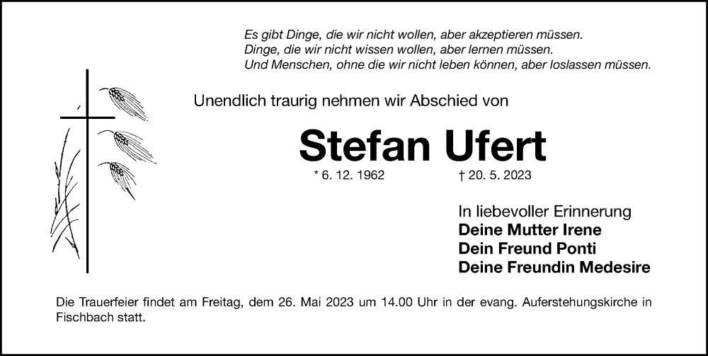  Traueranzeige für Stefan Ufert vom 25.05.2023 aus Gesamtausgabe Nürnberger Nachrichten/ Nürnberger Ztg.