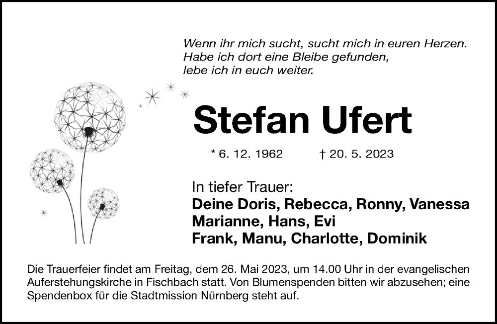  Traueranzeige für Stefan Ufert vom 24.05.2023 aus Gesamtausgabe Nürnberger Nachrichten/ Nürnberger Ztg.