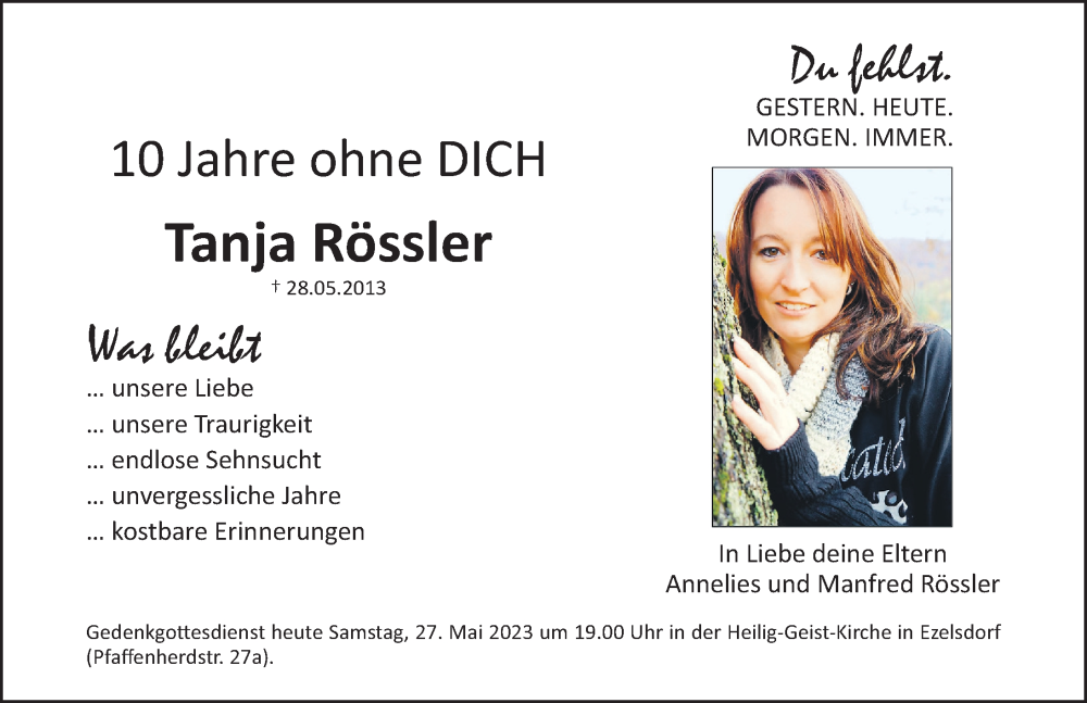  Traueranzeige für Tanja Rössler vom 27.05.2023 aus Neumarkter Nachrichten Lokal