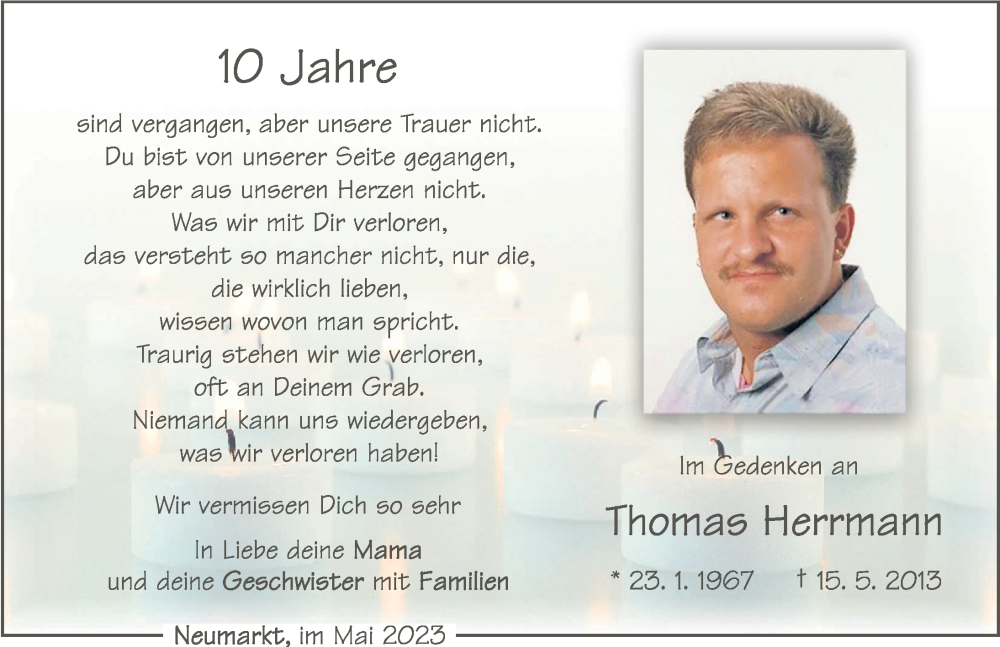  Traueranzeige für Thomas Herrmann vom 15.05.2023 aus Neumarkter Nachrichten Lokal