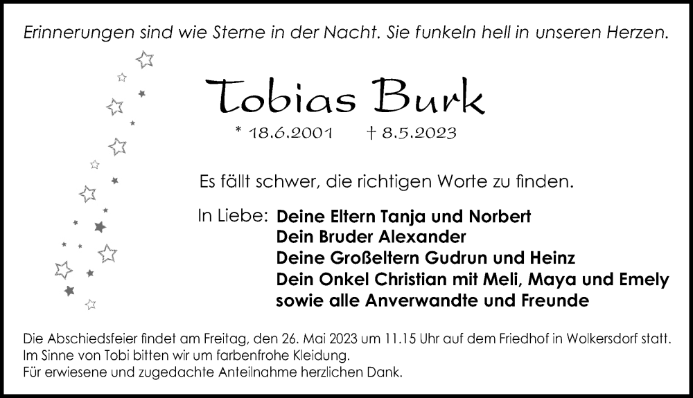  Traueranzeige für Tobias Burk vom 24.05.2023 aus Schwabacher Tagblatt Lokal