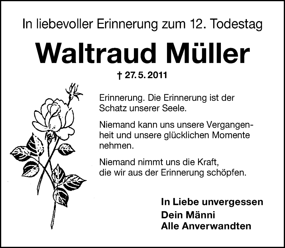  Traueranzeige für Waltraud Müller vom 27.05.2023 aus Schwabacher Tagblatt Lokal