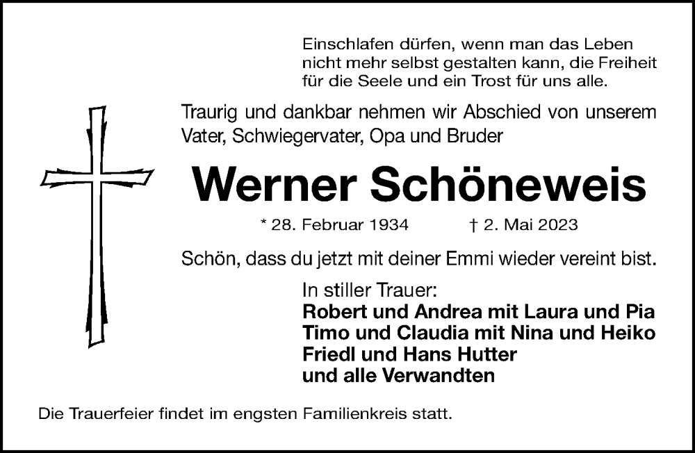  Traueranzeige für Werner Schöneweis vom 06.05.2023 aus Gesamtausgabe Nürnberger Nachrichten/ Nürnberger Ztg.