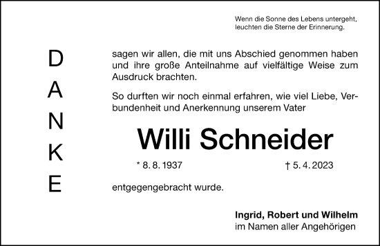 Traueranzeige von Willi Schneider von Altmühl-Bote Lokal