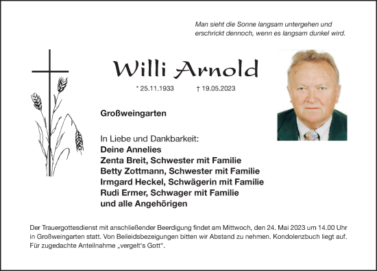 Traueranzeige von Willi Arnold von Roth-Hilpoltsteiner Volkszeitung Lokal