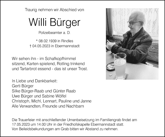 Traueranzeige von Willi Bürger von Nordbayerische Nachrichten Forchheim Lokal