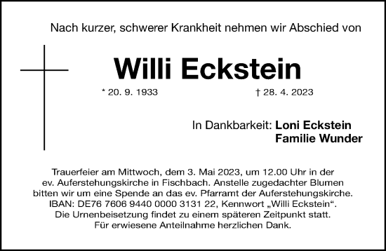 Traueranzeige von Willi Eckstein von Gesamtausgabe Nürnberger Nachrichten/ Nürnberger Ztg.