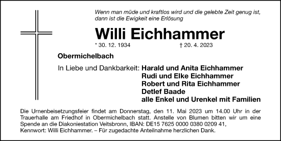 Traueranzeige von Willi Eichhammer von Fürther Nachrichten Lokal