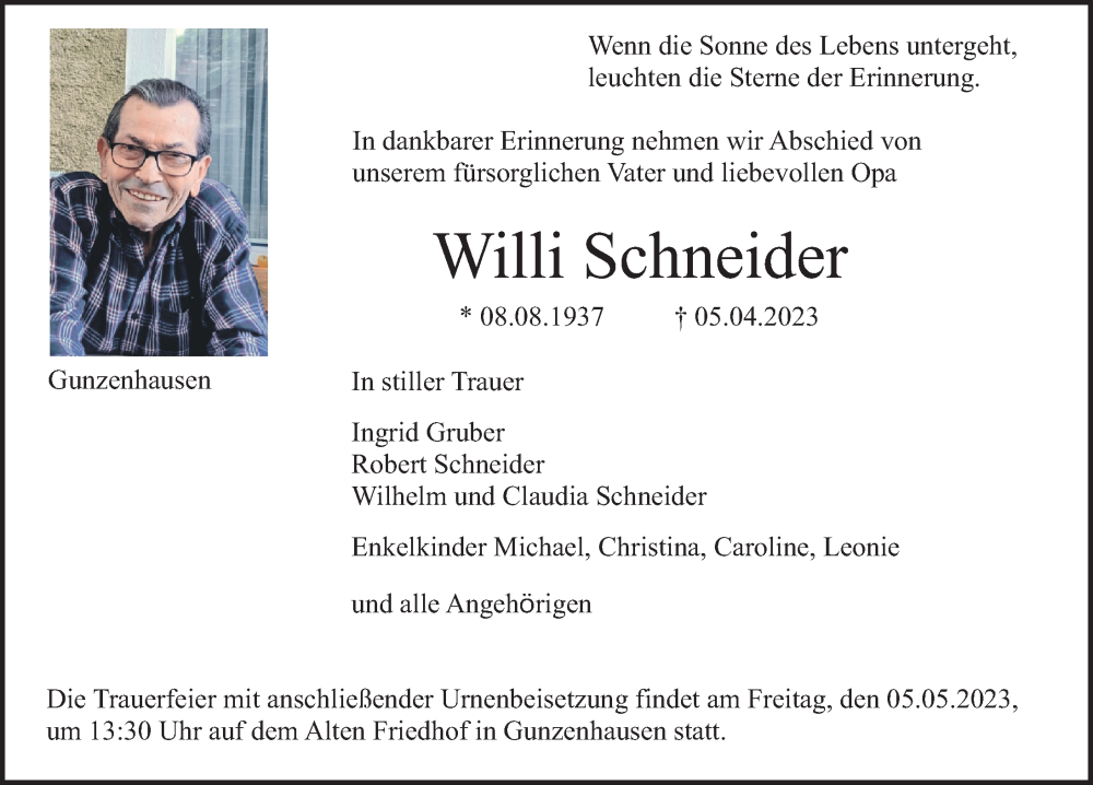  Traueranzeige für Willi Schneider vom 03.05.2023 aus Altmühl-Bote Lokal