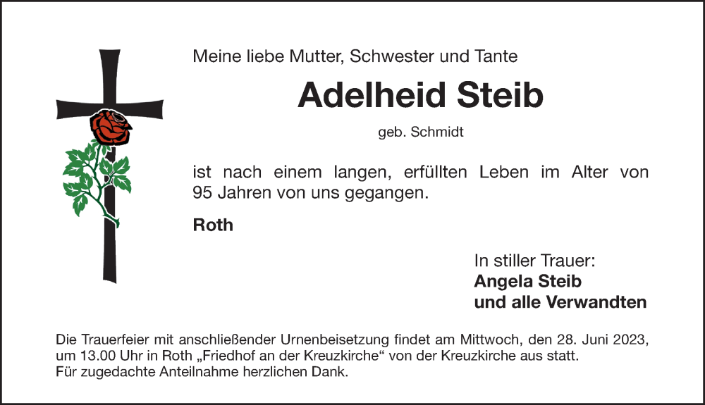  Traueranzeige für Adelheid Steib vom 24.06.2023 aus Roth-Hilpoltsteiner Volkszeitung Lokal