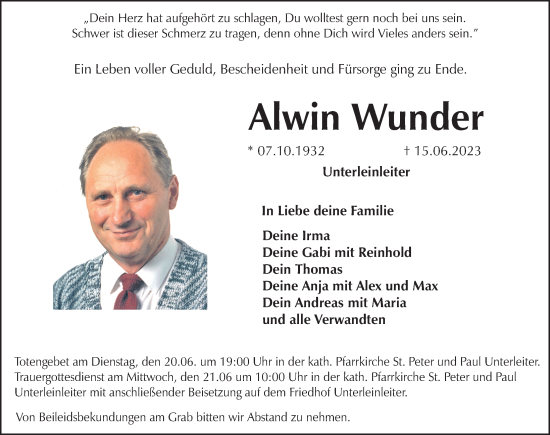 Traueranzeige von Alwin Wunder von Nordbayerische Nachrichten Forchheim Lokal