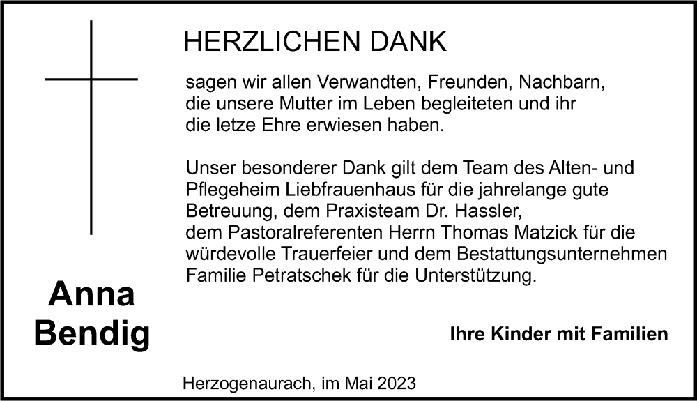  Traueranzeige für Anna Bendig vom 03.06.2023 aus Erlanger Nachrichten Lokal