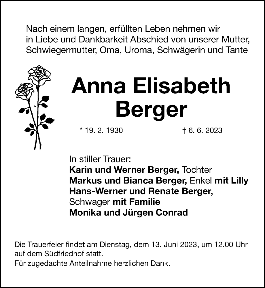 Traueranzeigen von Anna Elisabeth Berger | trauer.nn.de