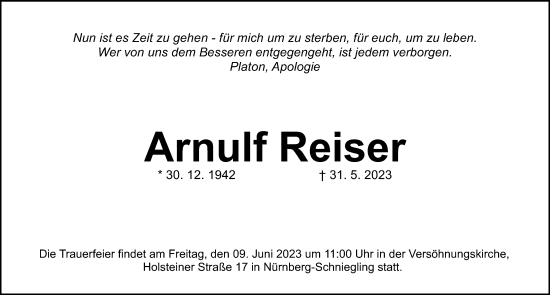 Traueranzeige von Arnulf Reiser von Gesamtausgabe Nürnberger Nachrichten/ Nürnberger Ztg.