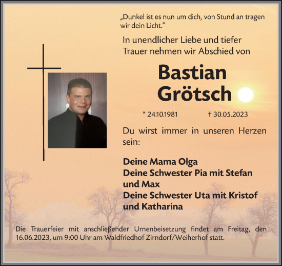 Traueranzeige von Bastian Grötsch von Fürther Nachrichten Lokal