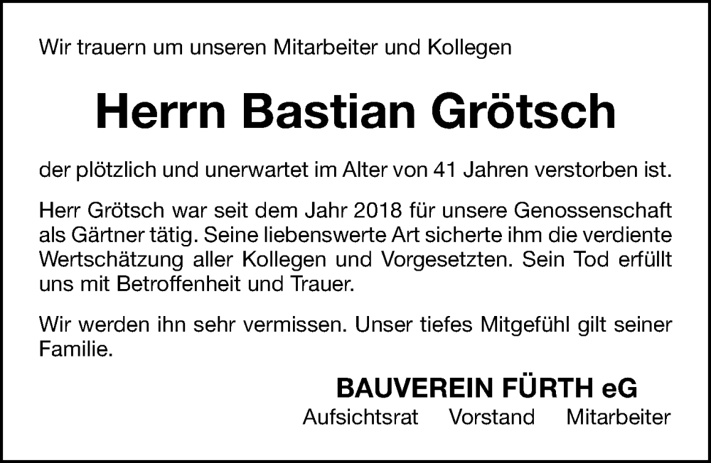  Traueranzeige für Bastian Grötsch vom 05.06.2023 aus Fürther Nachrichten Lokal