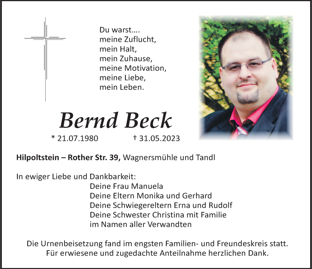  Traueranzeige für Bernd Beck vom 14.06.2023 aus Roth-Hilpoltsteiner Volkszeitung Lokal