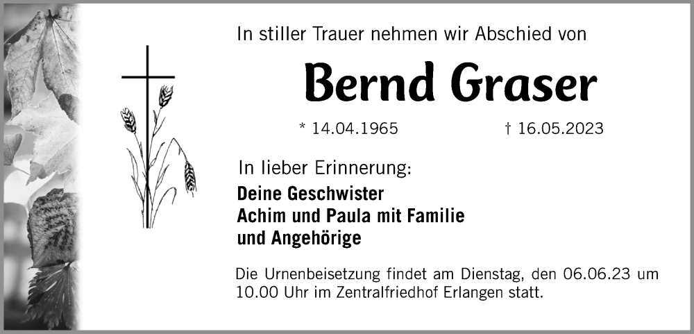  Traueranzeige für Bernd Graser vom 03.06.2023 aus Erlanger Nachrichten Lokal