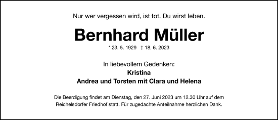 Traueranzeige von Bernhard Müller von Gesamtausgabe Nürnberger Nachrichten/ Nürnberger Ztg.