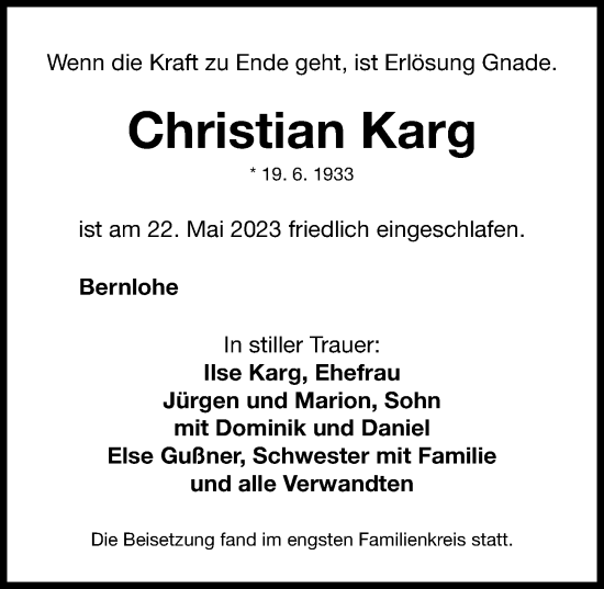Traueranzeige von Christian Karg von Roth-Hilpoltsteiner Volkszeitung Lokal