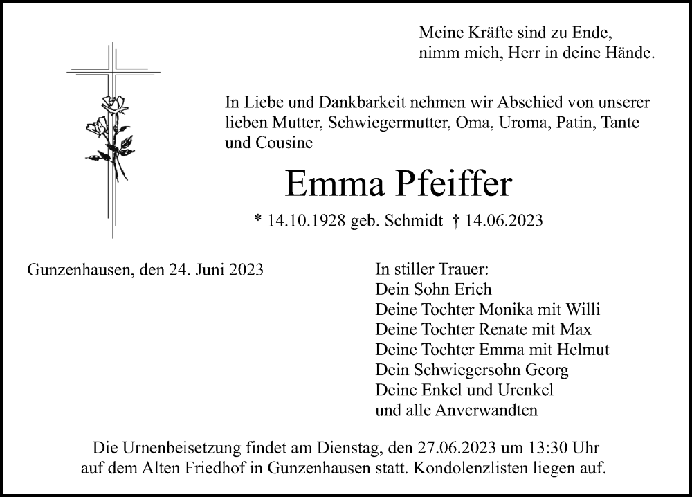  Traueranzeige für Emma Pfeiffer vom 24.06.2023 aus Altmühl-Bote Lokal