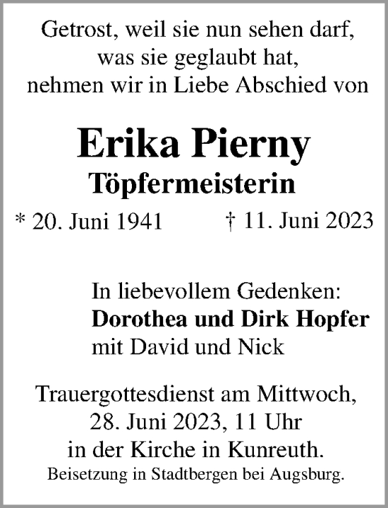 Traueranzeige von Erika Pierny von Nordbayer. Nachrichten Forchheim/ Erlanger Nachrichten
