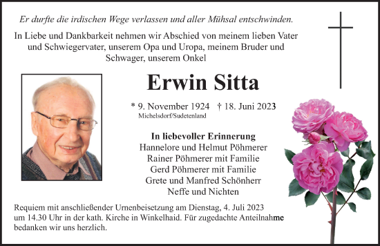 Traueranzeige von Erwin Sitta von Neumarkter Nachrichten Lokal