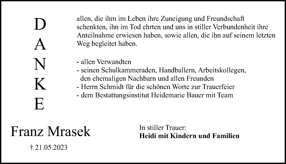  Traueranzeige für Franz Mrasek vom 03.06.2023 aus Altmühl-Bote Lokal
