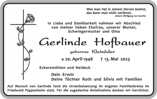 Traueranzeige von Gelrinde Hofbauer von Roth-Hilpoltsteiner Volkszeitung Lokal