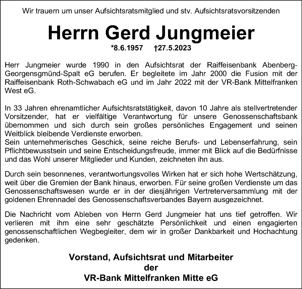  Traueranzeige für Gerd Jungmeier vom 03.06.2023 aus HST,HRHV