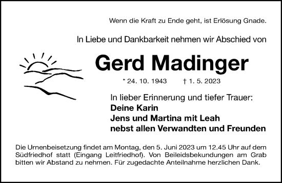 Traueranzeige von Gerd Madinger von Gesamtausgabe Nürnberger Nachrichten/ Nürnberger Ztg.