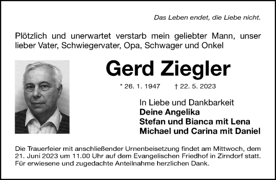 Traueranzeige von Gerd Ziegler von Fürther Nachrichten Lokal