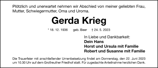Traueranzeige von Gerda Krieg von Gesamtausgabe Nürnberger Nachrichten/ Nürnberger Ztg.