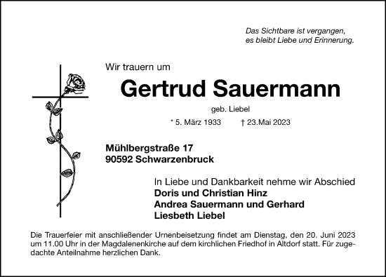 Traueranzeige von Gertrud Sauermann von Gesamtausgabe Nürnberger Nachrichten/ Nürnberger Ztg.