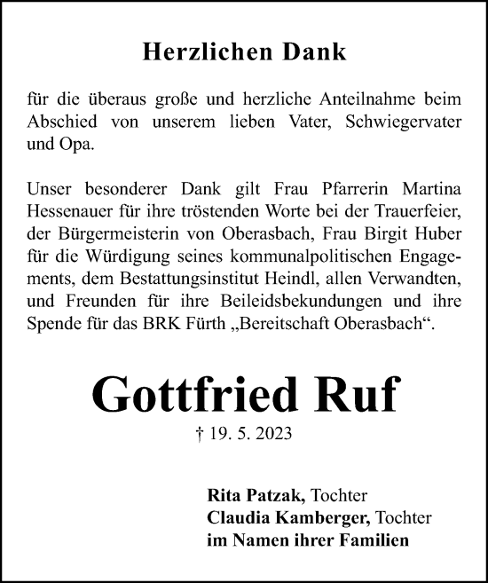 Traueranzeige von Gottfried Ruf von Fürther Nachrichten Lokal