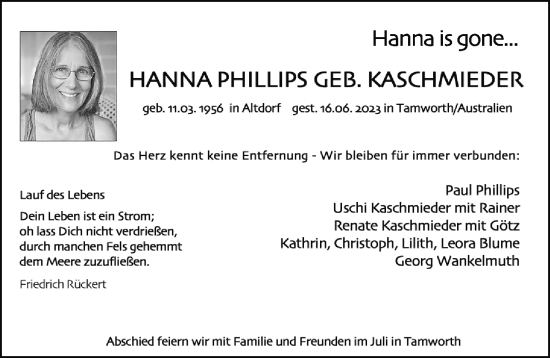 Traueranzeige von Hanna Phillips von Gesamtausgabe Nürnberger Nachrichten/ Nürnberger Ztg.