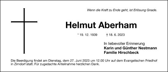 Traueranzeige von Helmut Aberham von Fürther Nachrichten Lokal