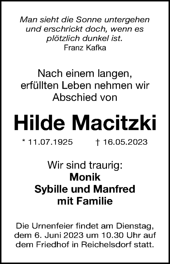 Traueranzeige von Hilde Macitzki von Gesamtausgabe Nürnberger Nachrichten/ Nürnberger Ztg.