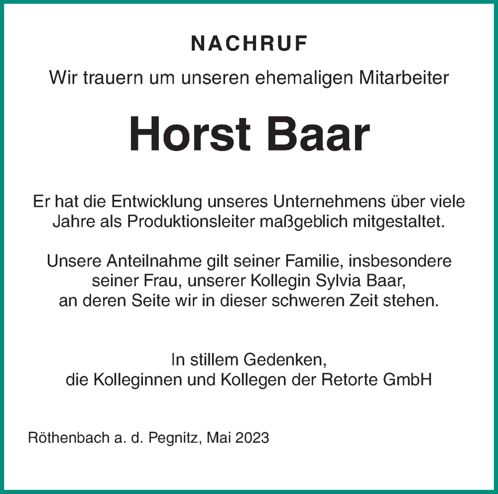  Traueranzeige für Horst Baar vom 03.06.2023 aus HHZ,HPE