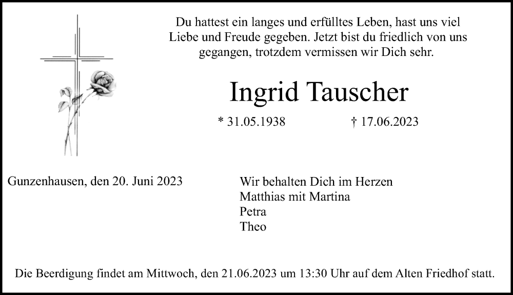  Traueranzeige für Ingrid Tauscher vom 20.06.2023 aus Altmühl-Bote Lokal