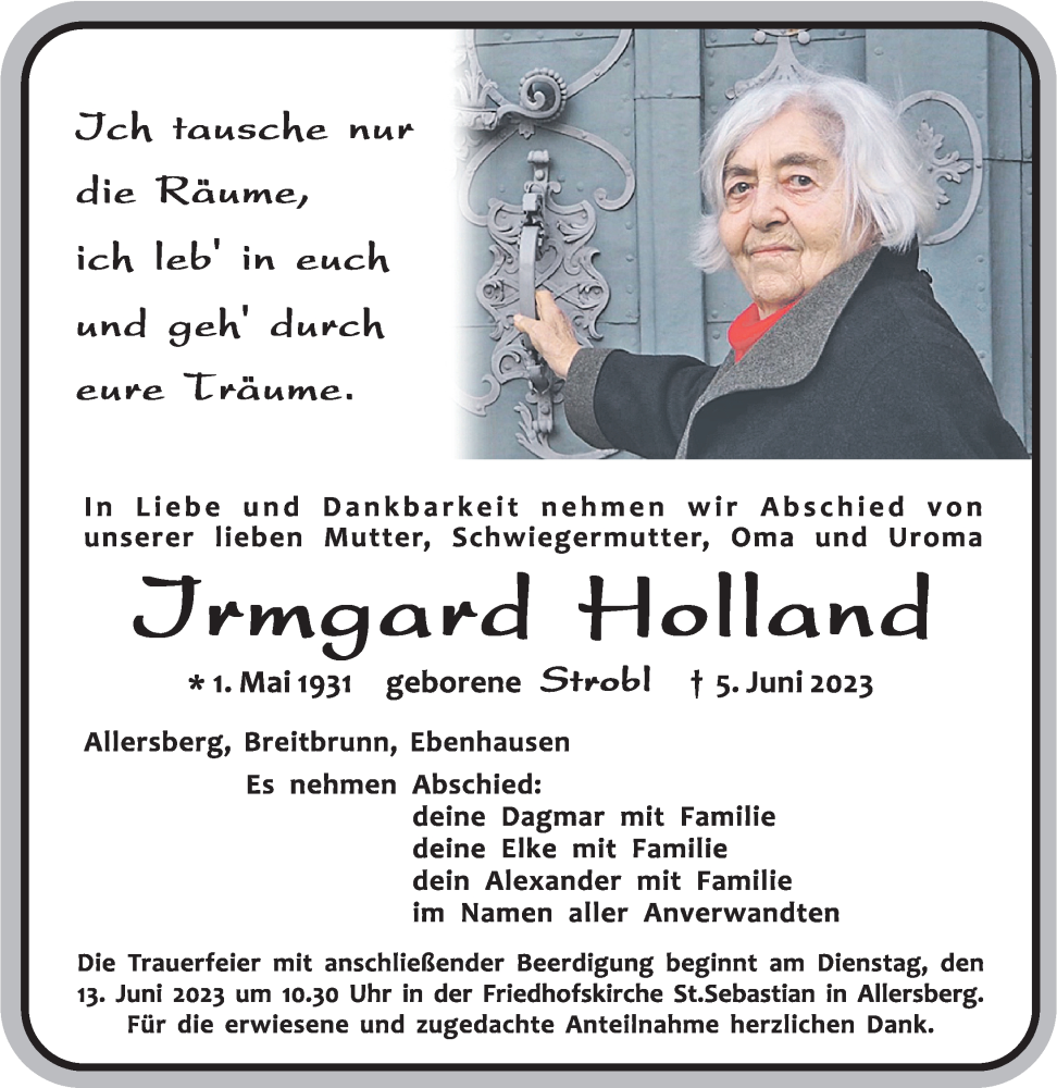  Traueranzeige für Irmgard Holland vom 10.06.2023 aus Roth-Hilpoltsteiner Volkszeitung Lokal