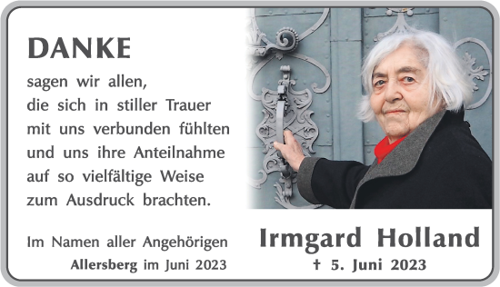 Traueranzeige von Irmgard Holland von Roth-Hilpoltsteiner Volkszeitung Lokal