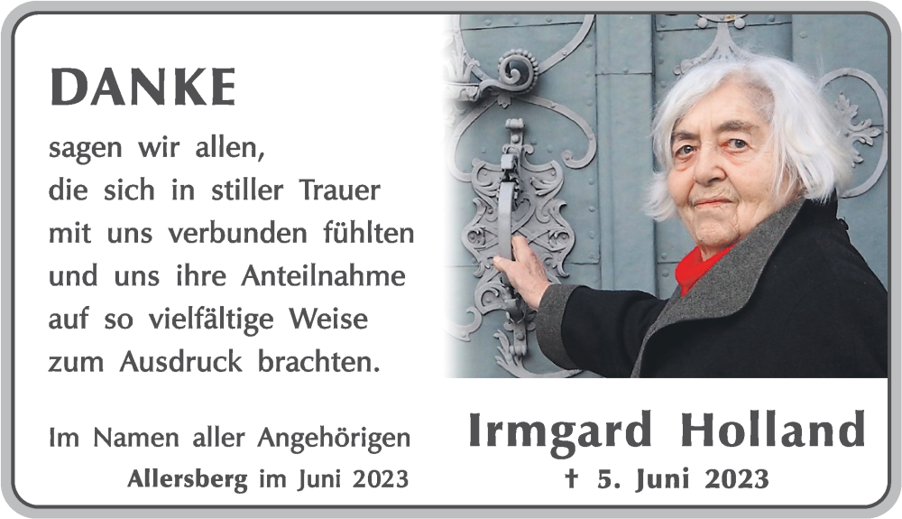  Traueranzeige für Irmgard Holland vom 17.06.2023 aus Roth-Hilpoltsteiner Volkszeitung Lokal