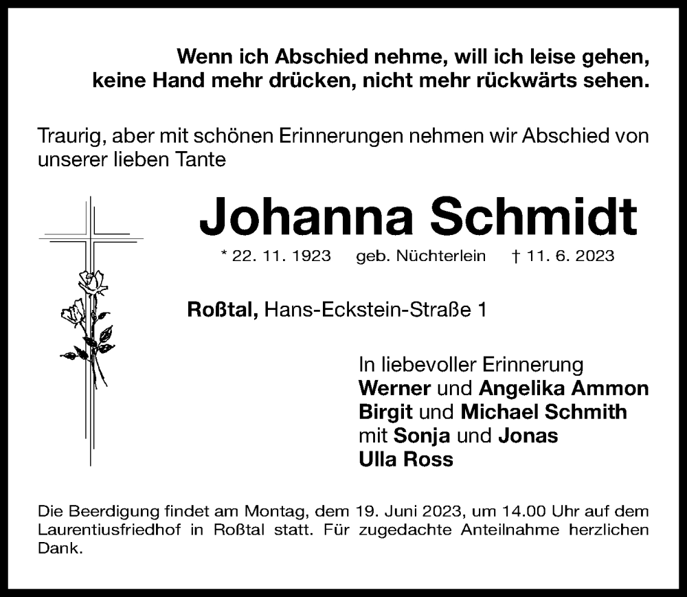  Traueranzeige für Johanna Schmidt vom 16.06.2023 aus Fürther Nachrichten Lokal