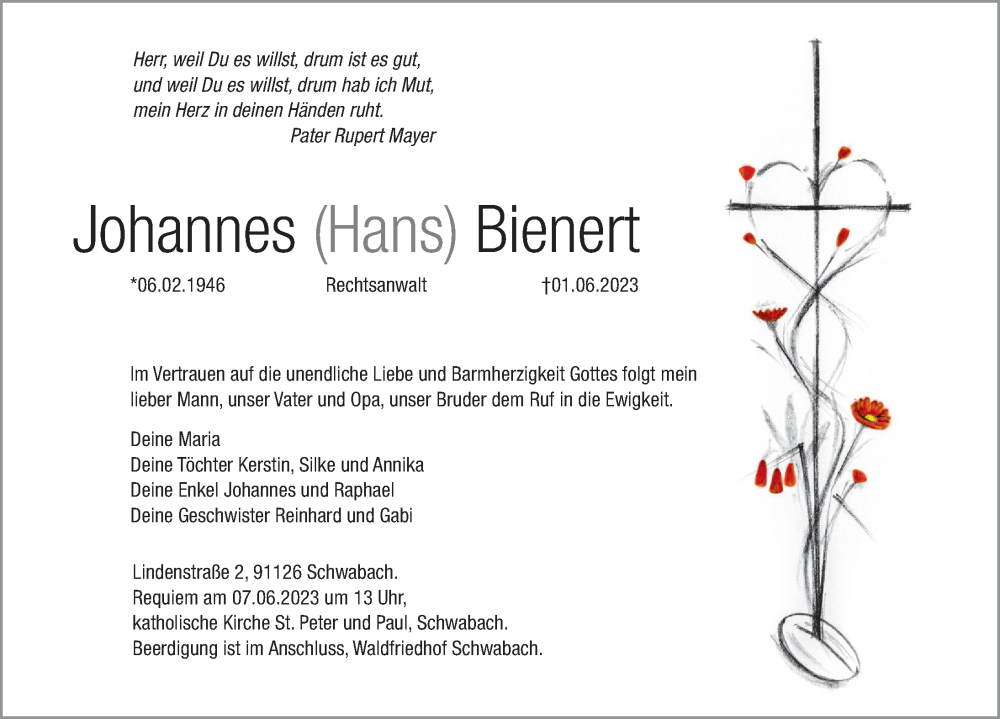  Traueranzeige für Johannes Bienert vom 03.06.2023 aus Schwabacher Tagblatt Lokal
